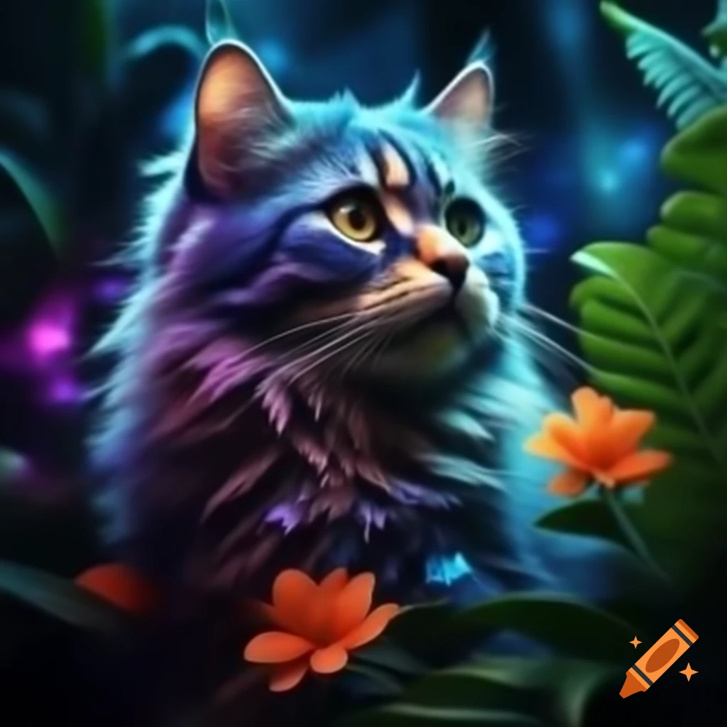 Cosmic cat amidst jungle scenery with bright color grading