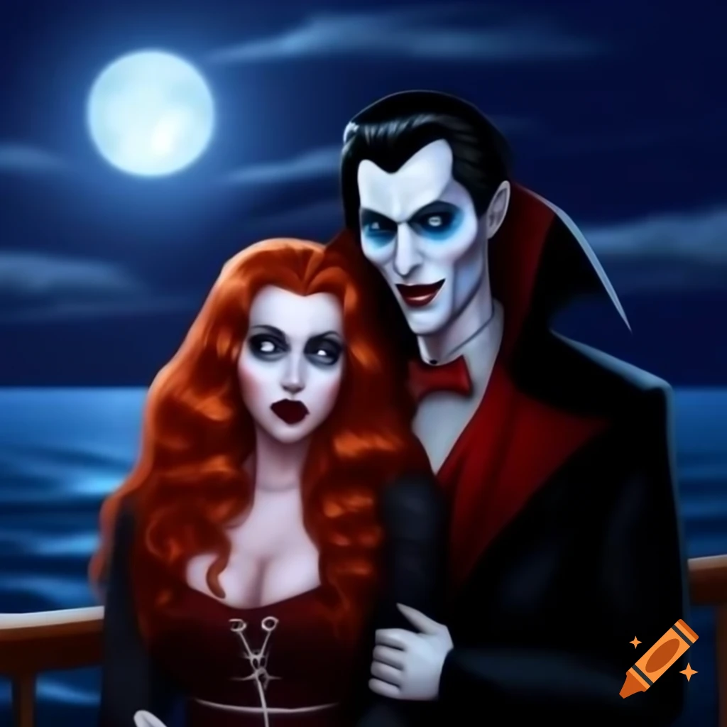 Vampire couple on cruise ship deck under orange full moon