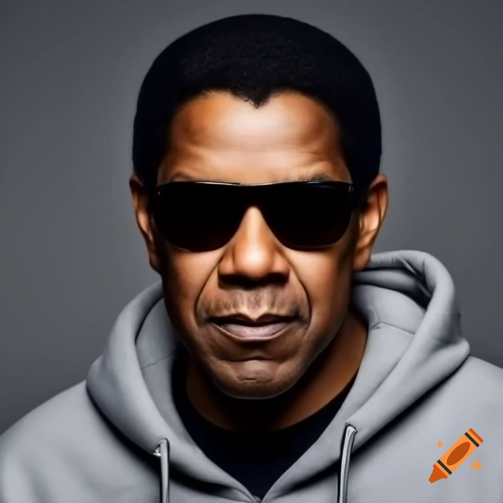 Denzel Washington in sunglasses and grey hoodie against grey background