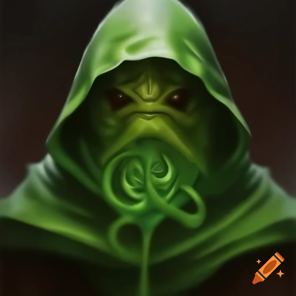Green hooded Celtic pattern cloak slime creature in full figure
