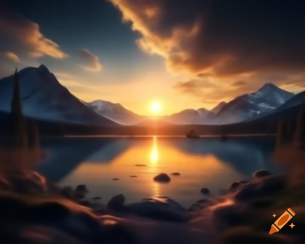 Photorealistic 3D render of a mountain lake at sunset with sun rays and an island