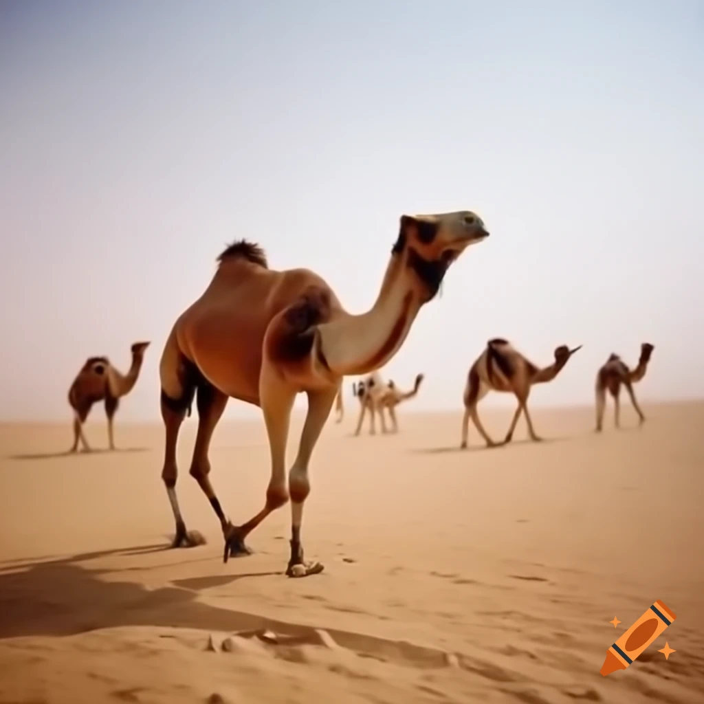 Camels walking in a vast desert landscape