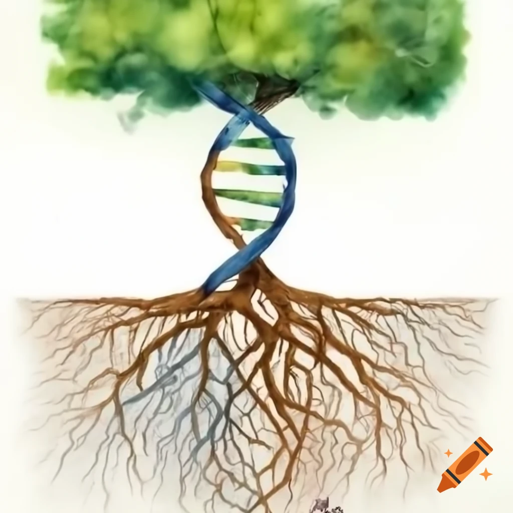 Double helix DNA as tree roots representing genetic legacy