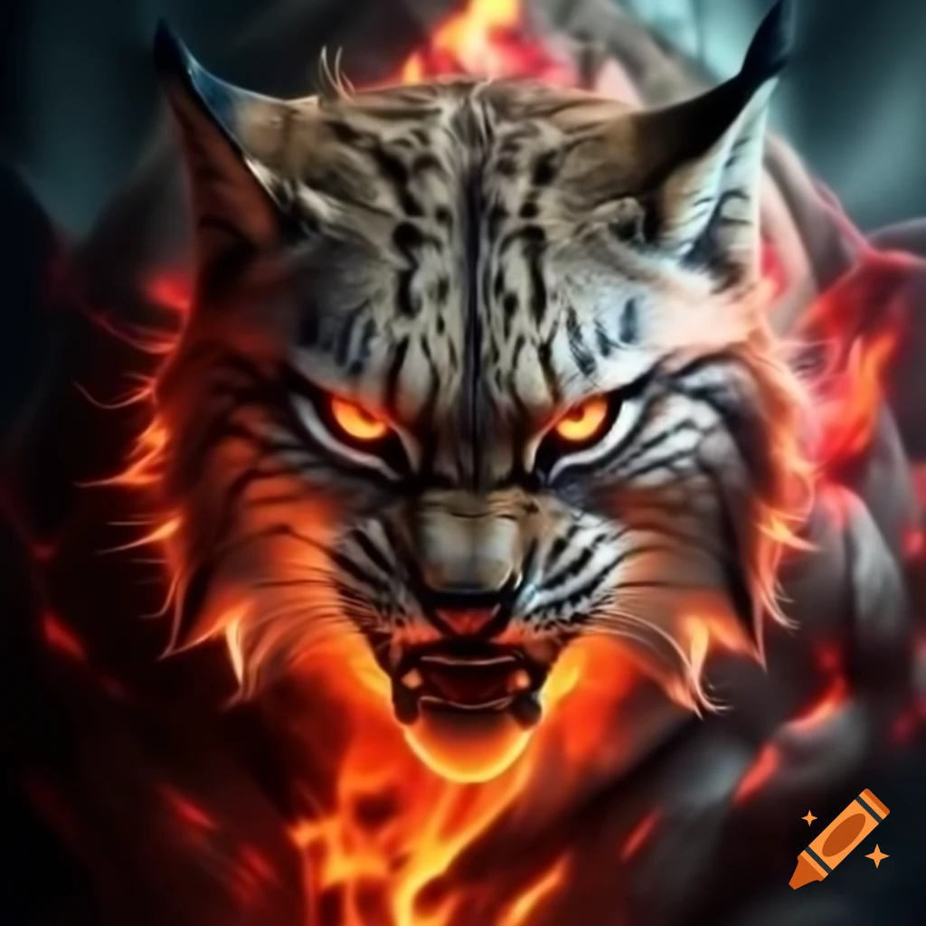 Lynx with red eyes lunging from portal of red flames, exuding fierce energy