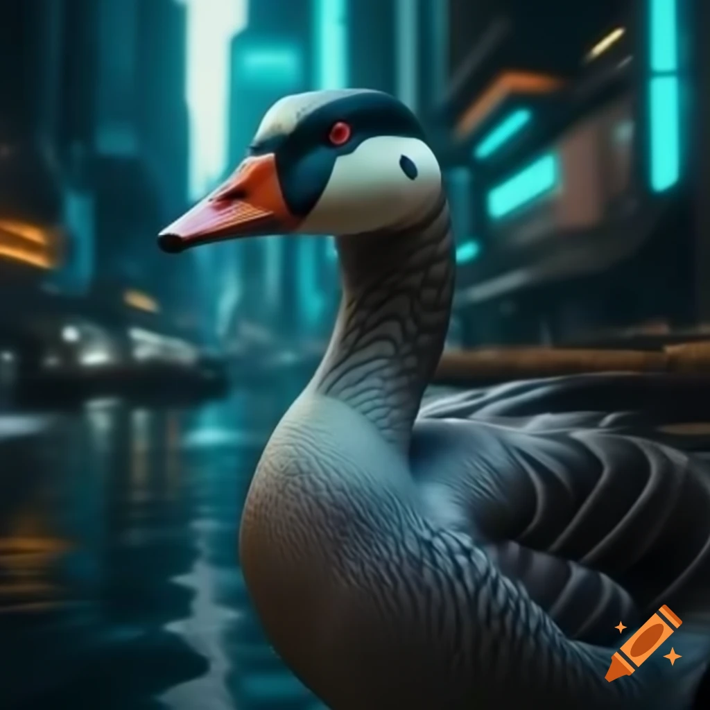 Cyberpunk-style goose crossing a river