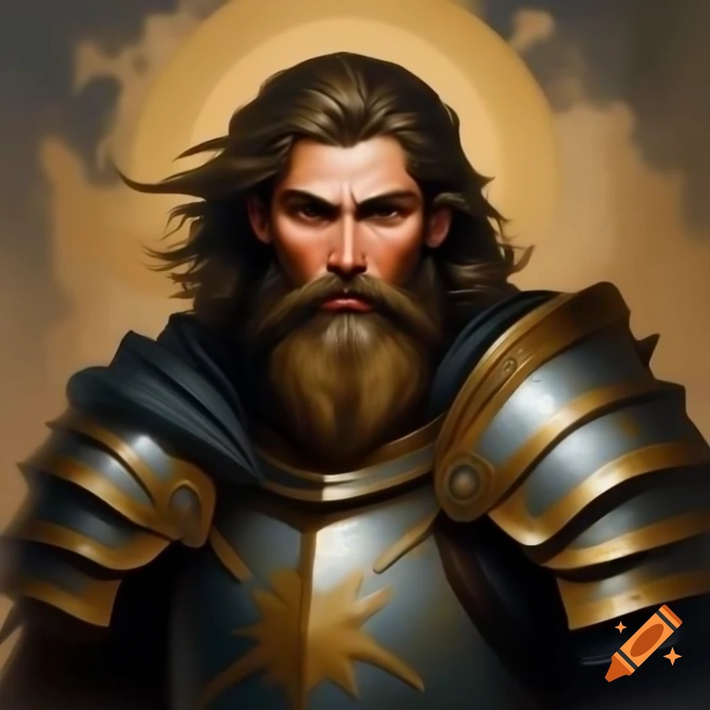 30 foot Tall Deity In Golden Armor And Red Robes With Long Golden Beard 