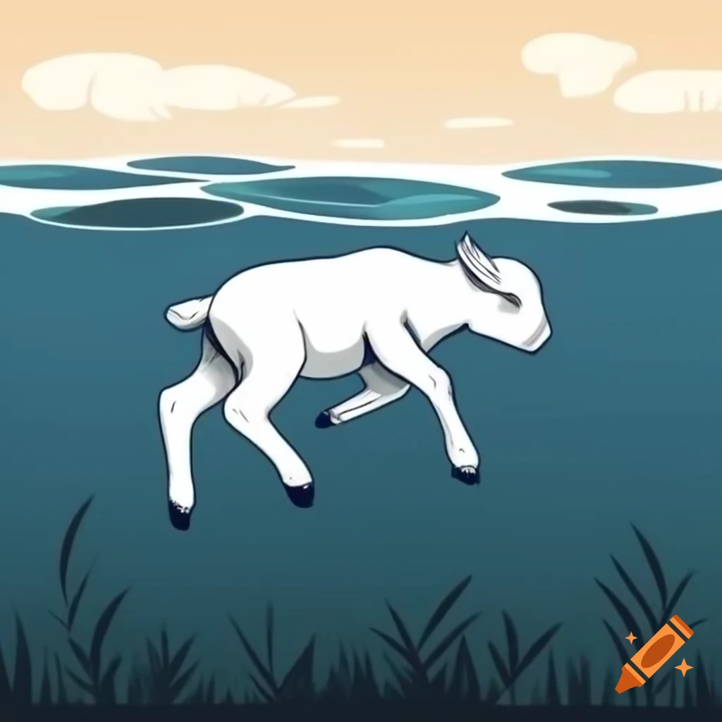 Realistic depiction of a lamb swimming in dark, moody water