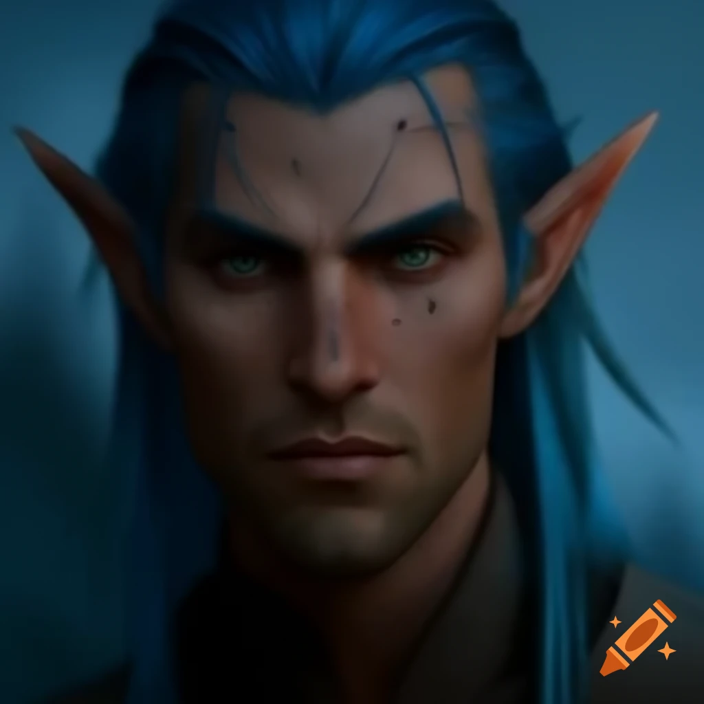 Male dark elf with azure hair in worn clothing