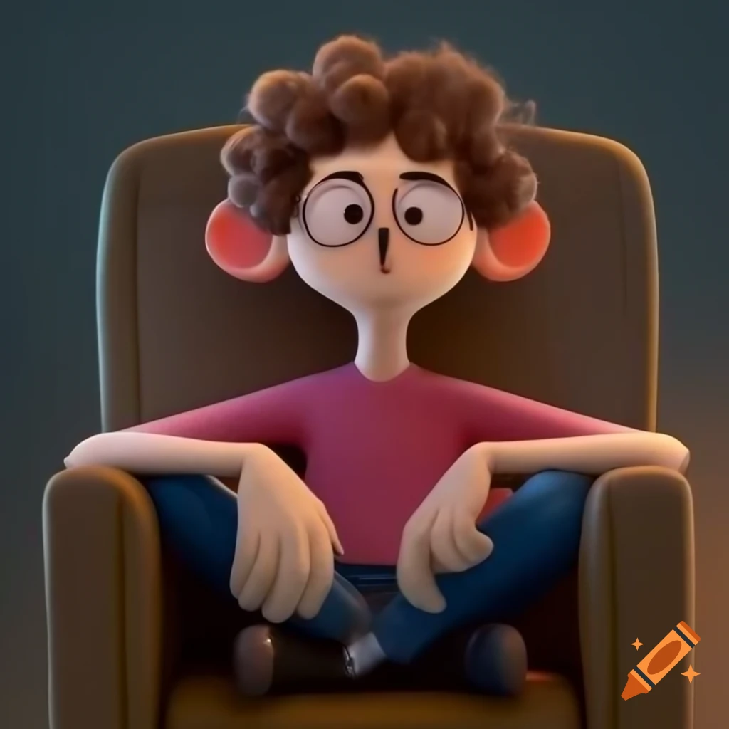 Skinny white man with brown curly hair and glasses wearing a pink shirt and jeans sitting in a chair