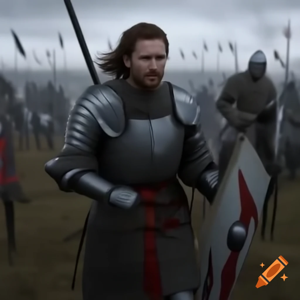 Medieval knight standing in a field post-battle