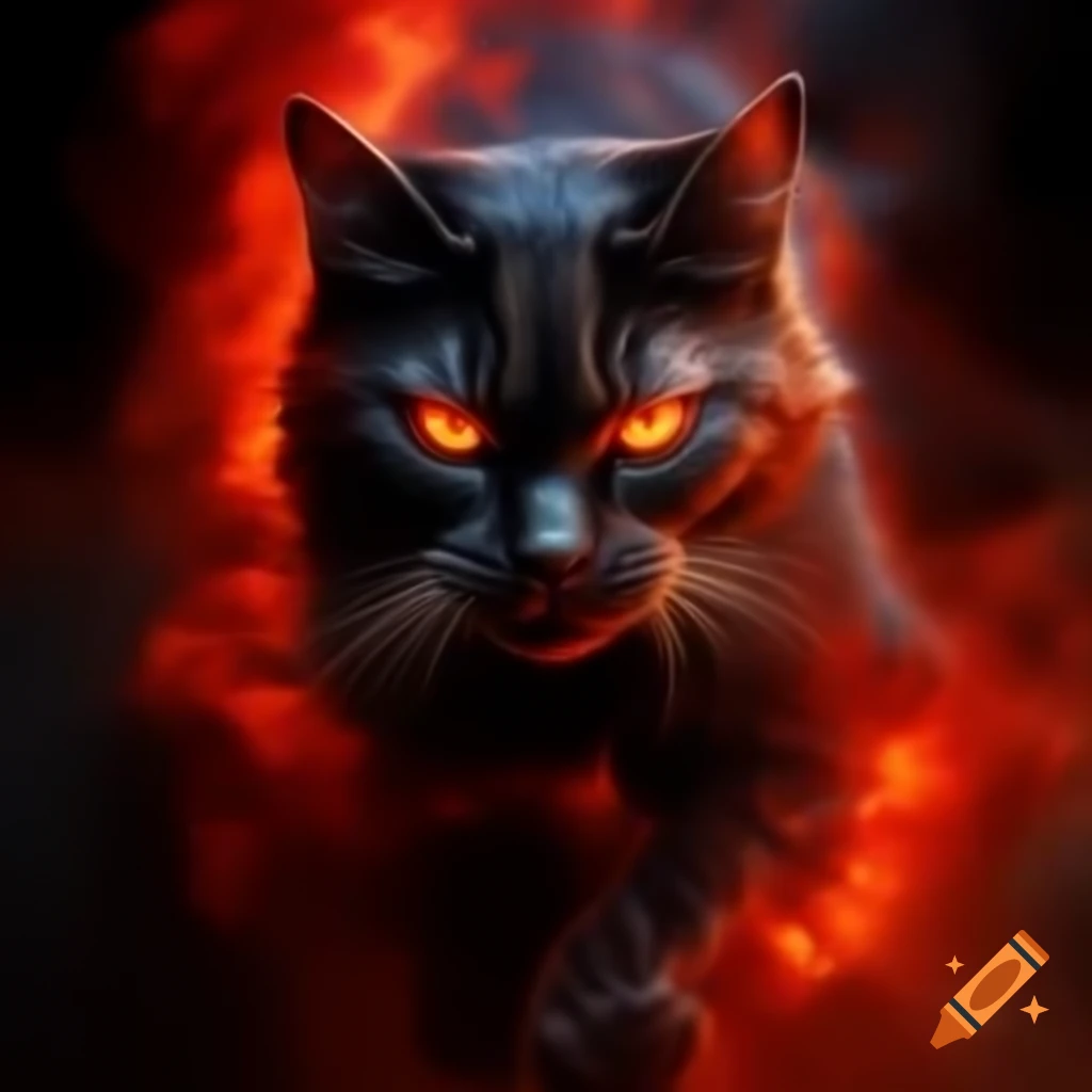 Feline face emerging from crimson mist with gleaming eyes