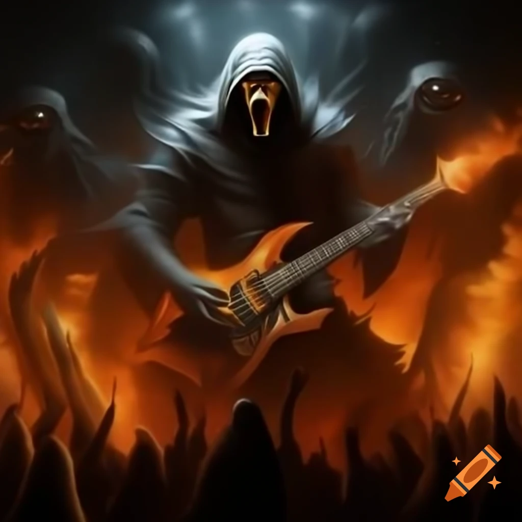 Monstrous reaper guitar with fiery stage lights during metal performance