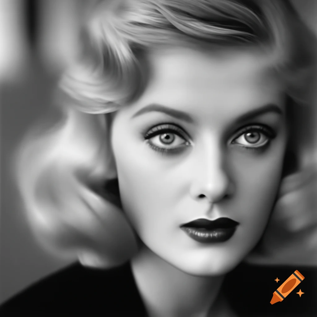 Hyper-realistic black and white photograph of a beautiful European actress from 1963 with porcelain skin and blue eyes