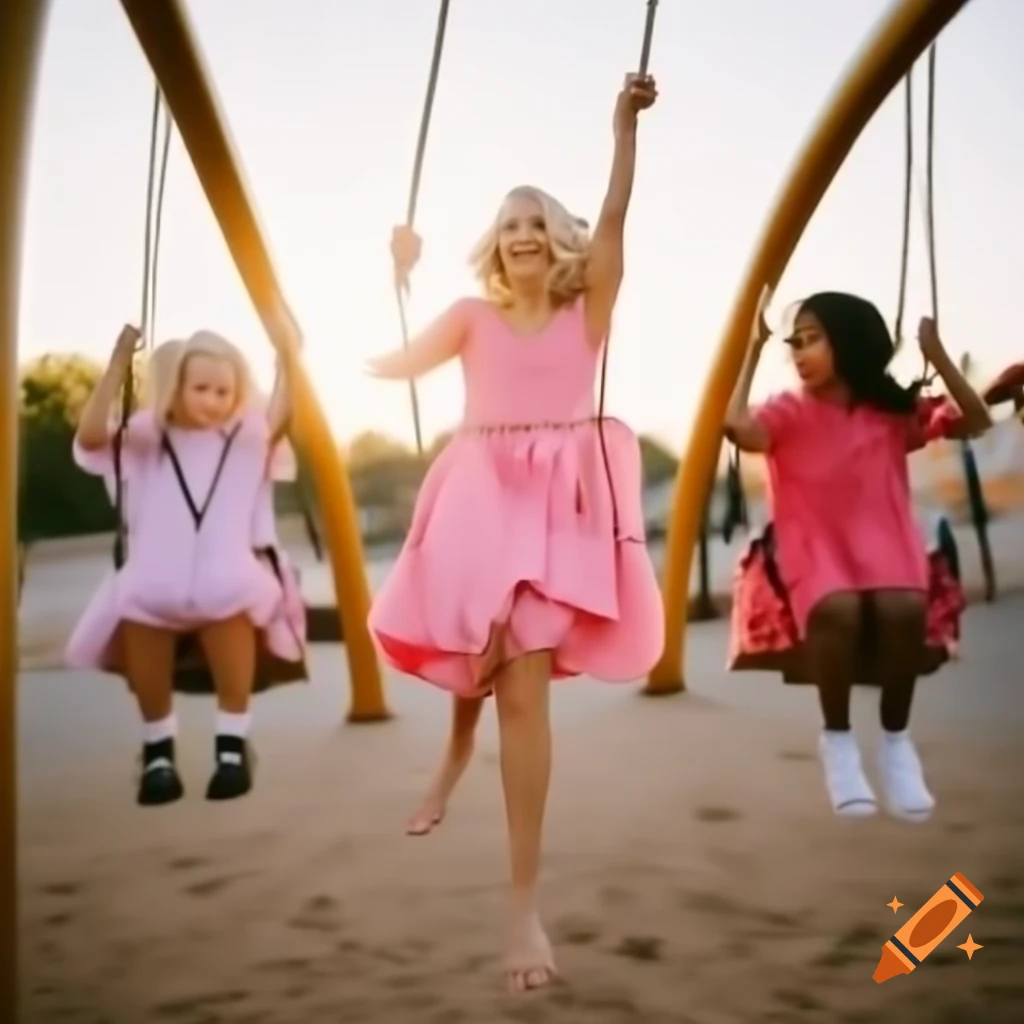 Carefree woman in pink dress swinging joyfully in playground