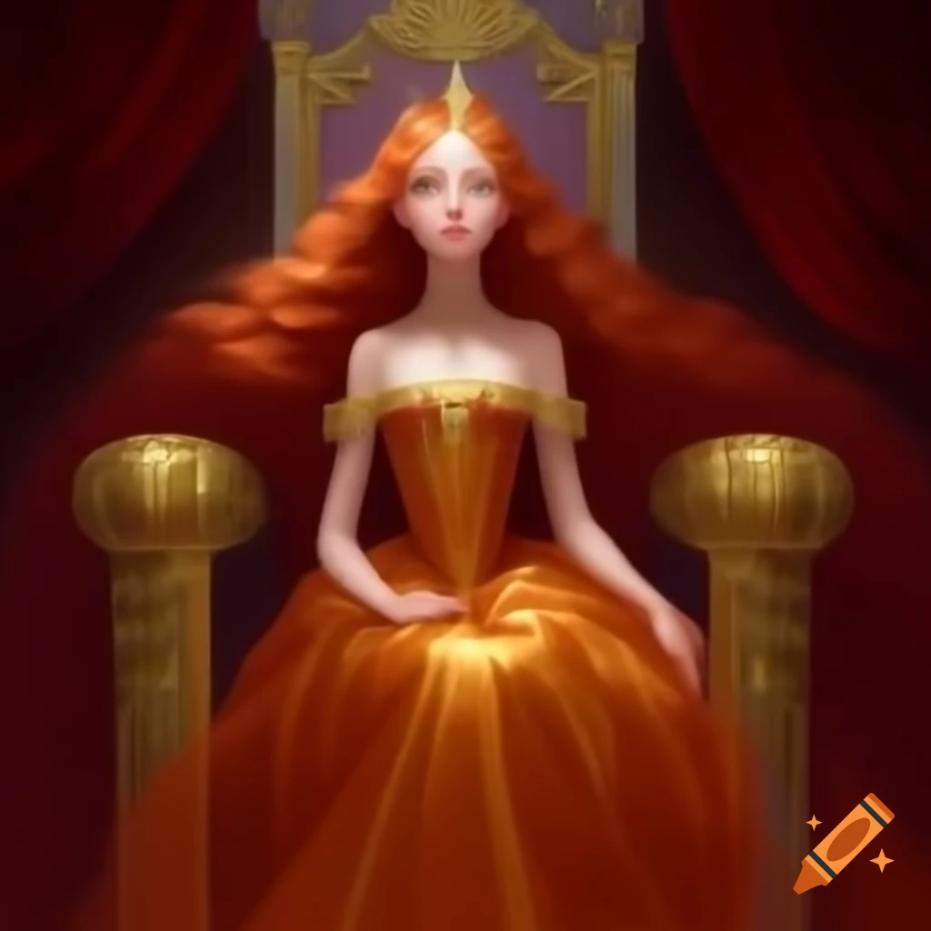 Young empress with red hair in orange and gold dress seated on golden throne