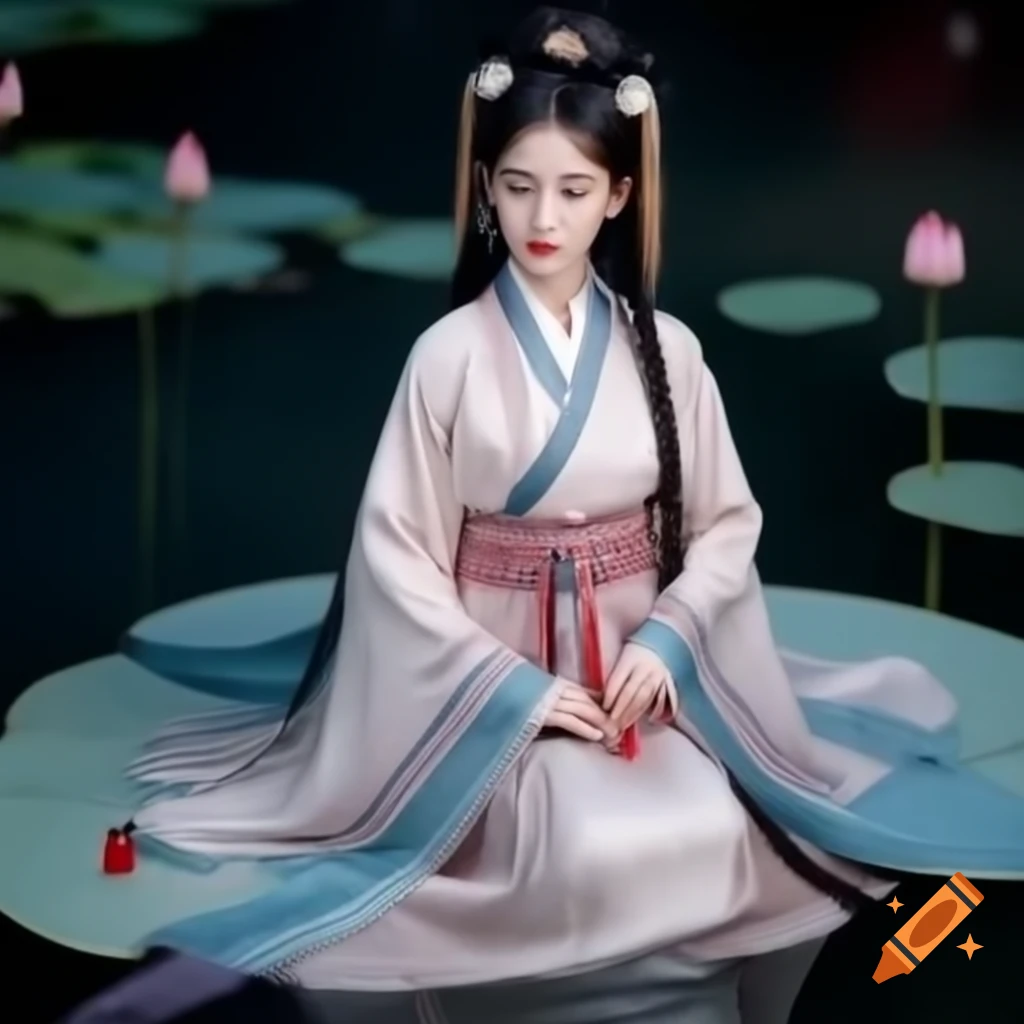 Young woman in Vietnamese traditional hanfu silk dress with floral accessories