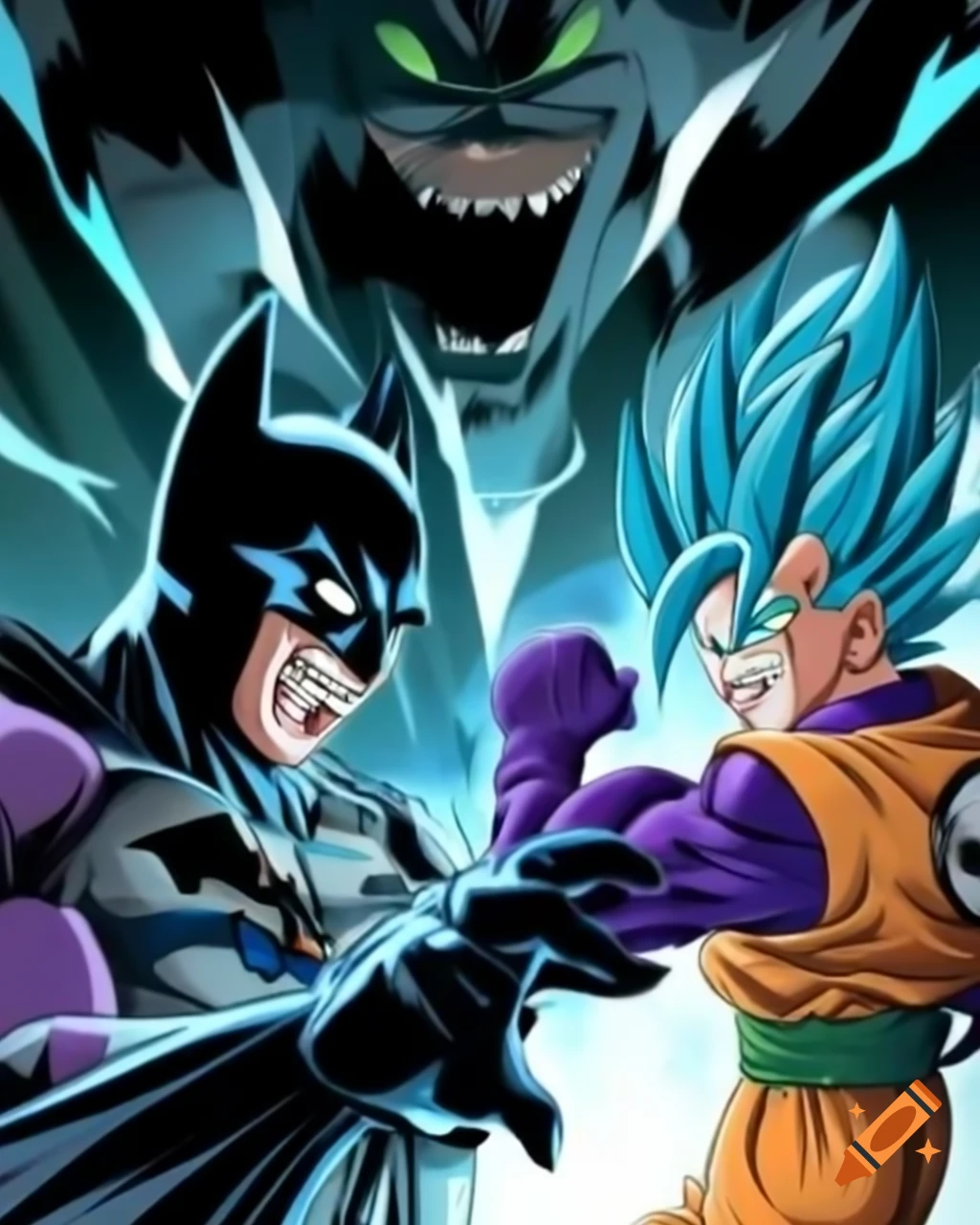 Batman transforms to Super Saiyan Blue and punches through the Joker