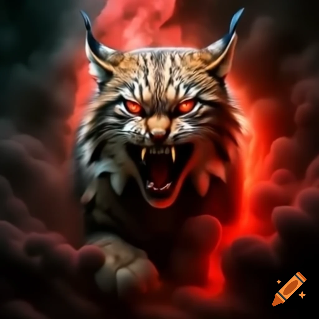 Lynx face emerging from red mist with glowing eyes