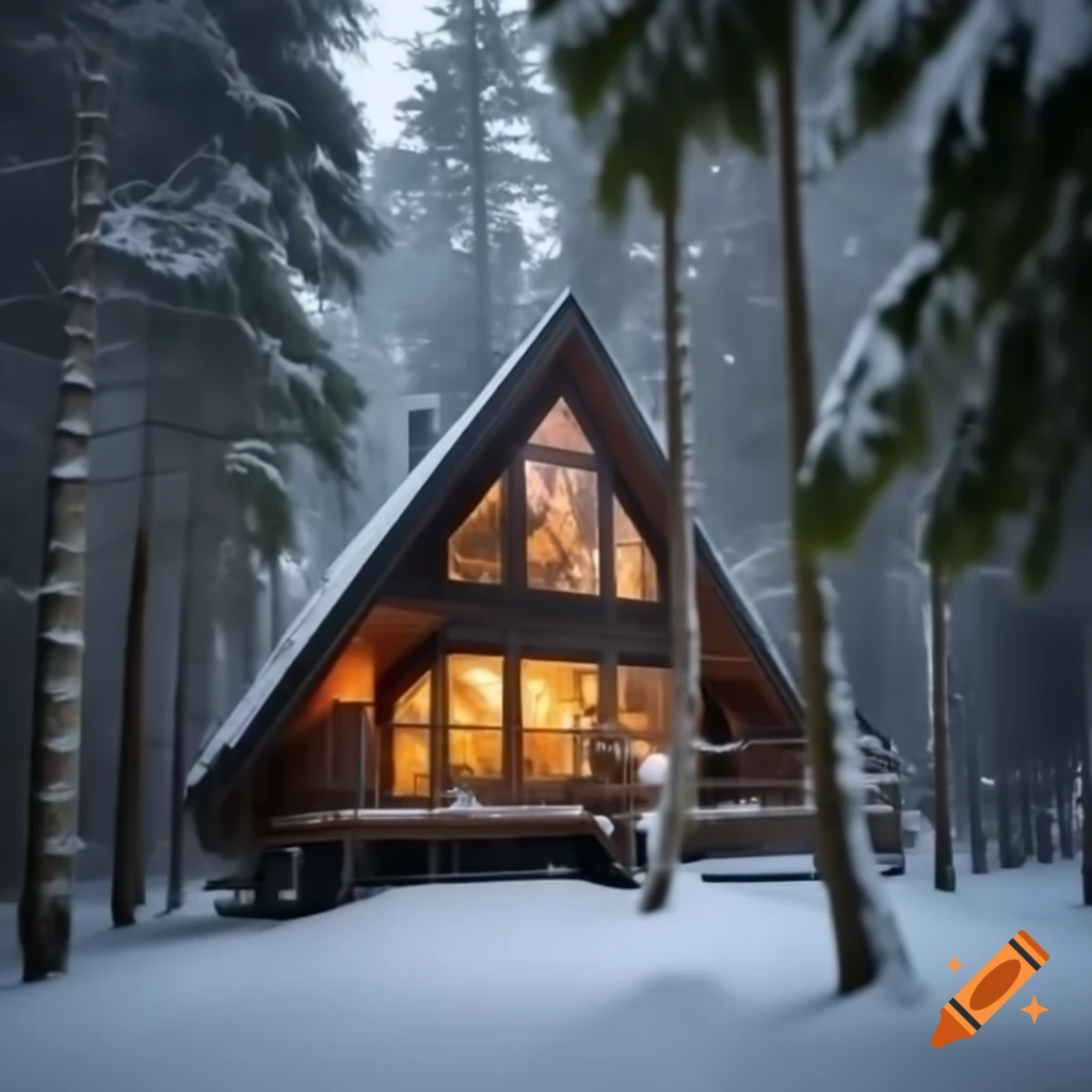 Cozy cabin in winter forest with falling snow