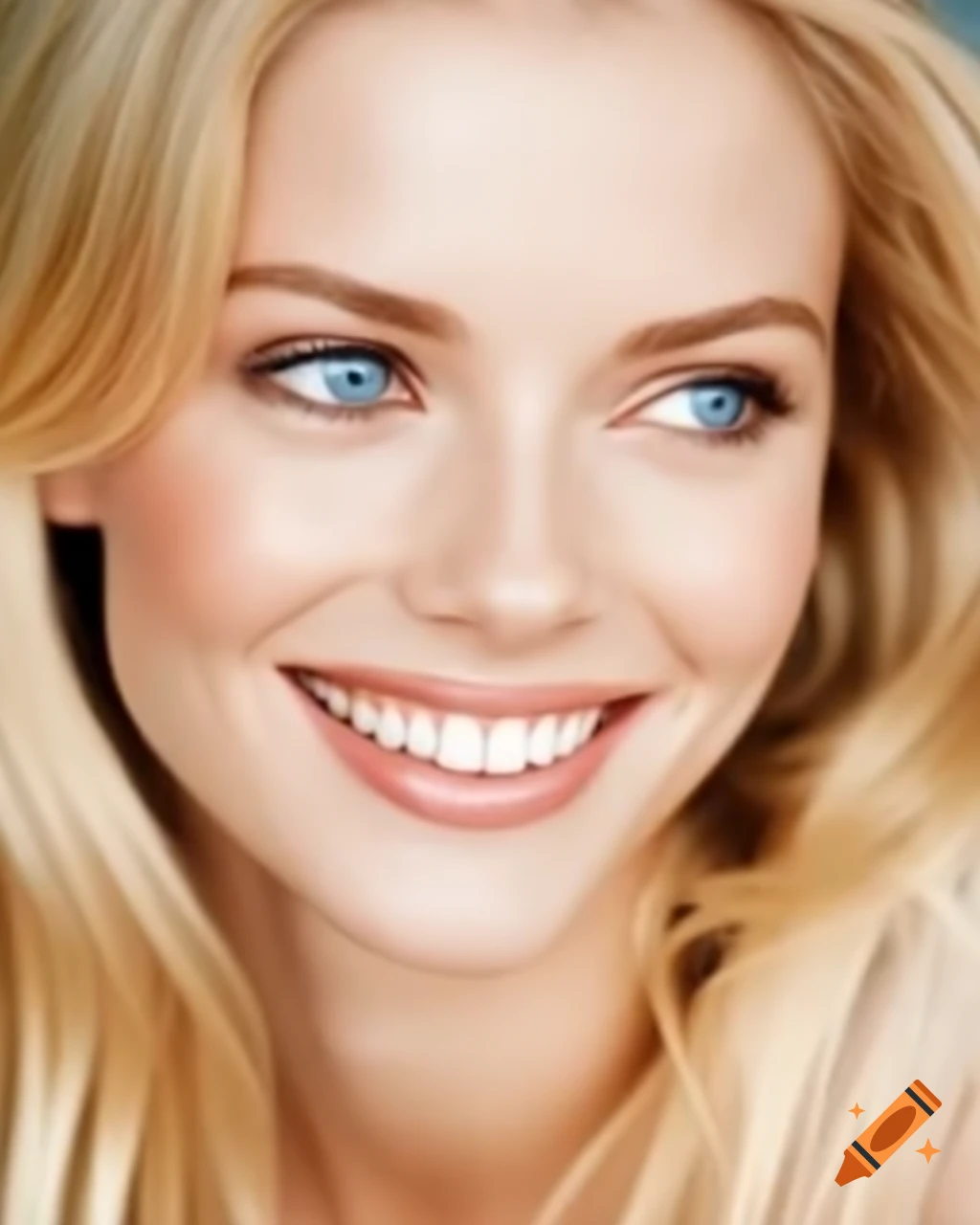 Close-up passport photo of a blonde with bright gray-blue eyes and radiant smile
