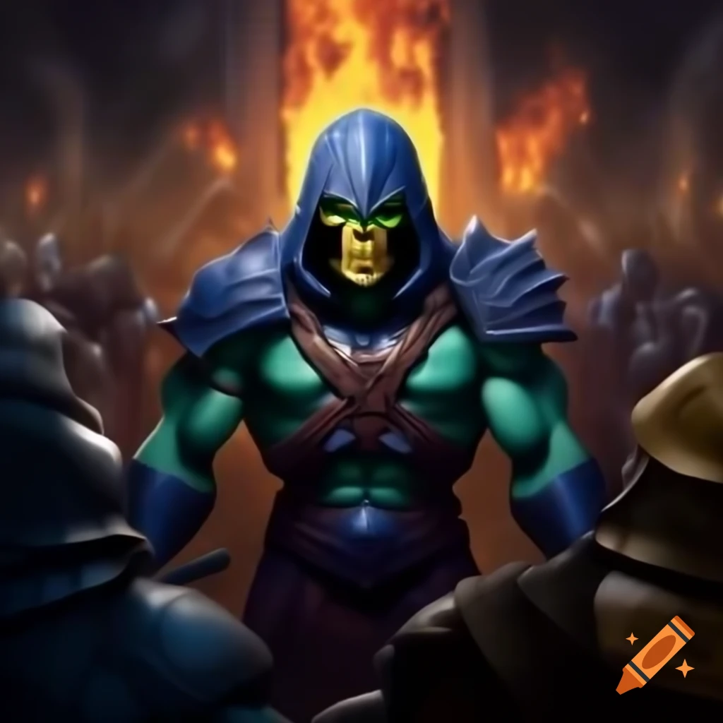 Battle armor Skeletor facing off against battle armor He-Man