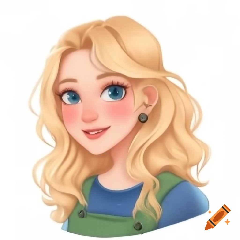 Young woman with wavy blonde hair and blue eyes wearing blue top and green kilt, smiling
