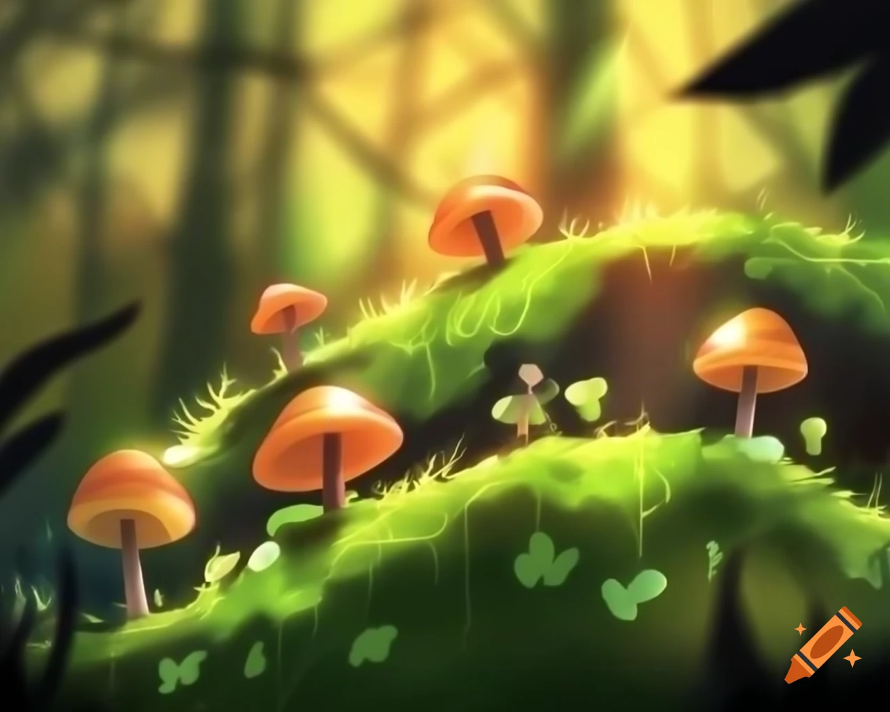 Whimsical toadstools and fairies in sun-dappled forest, painterly style