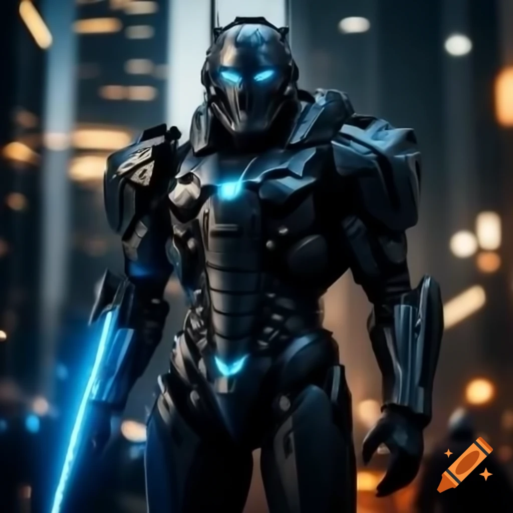Grim warrior in black and cobalt armor against shimmering cityscape with blue cybernetic enhancements