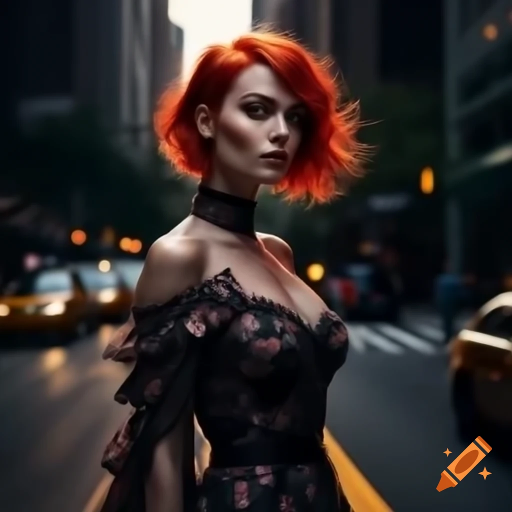 Woman with short red hair on New York City street glowing in late-night light