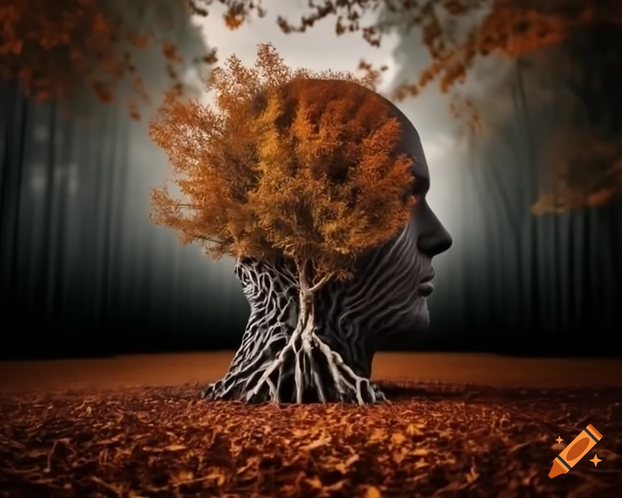 Tree branches and leaves creating a nature sculpture in autumn light