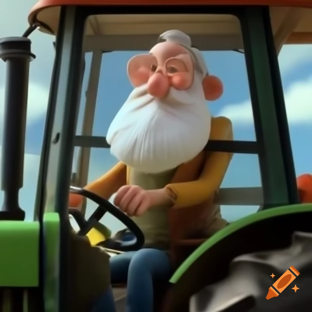 Cartoon of an old man with white beard driving a tractor