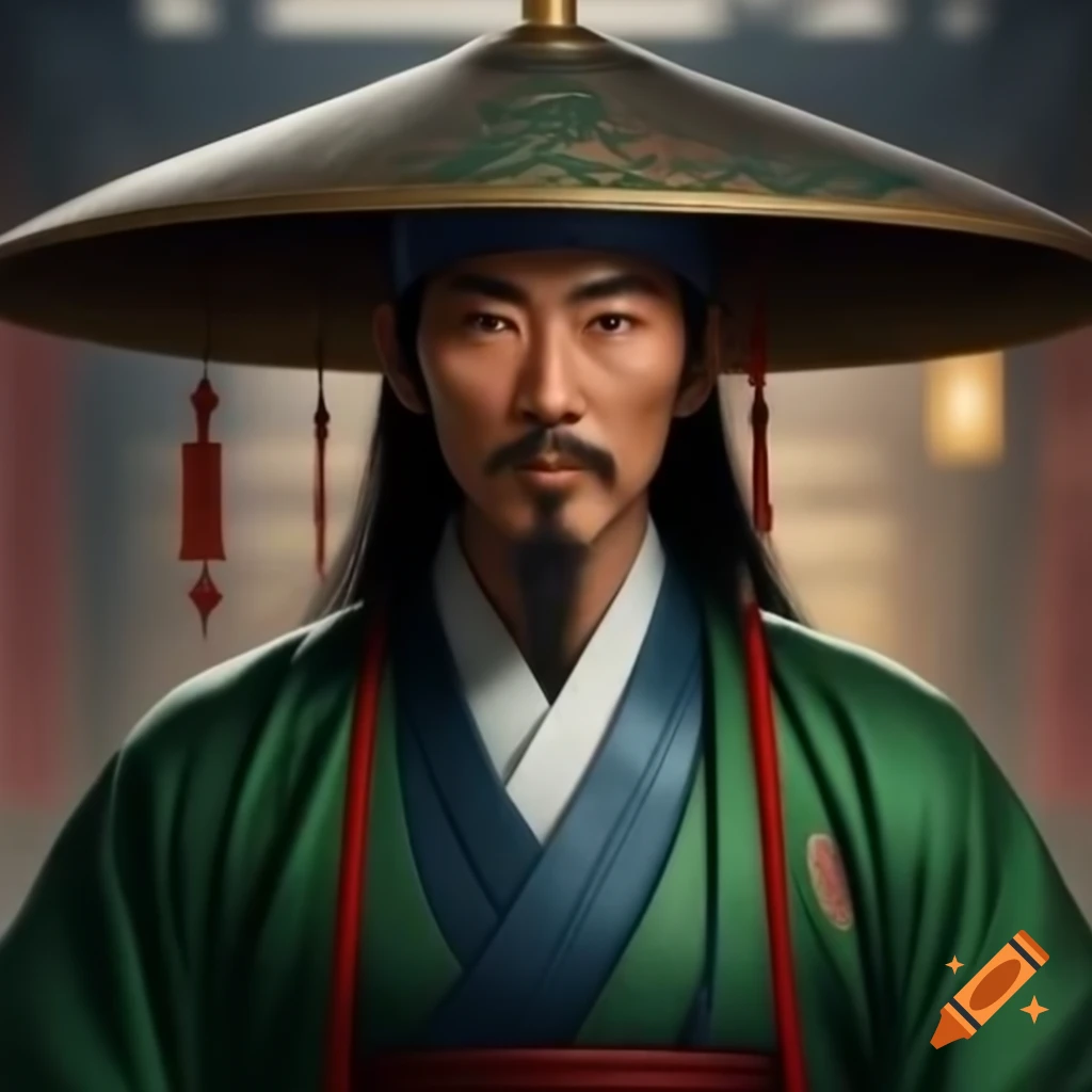 Asian noble wearing green kimono and large hat