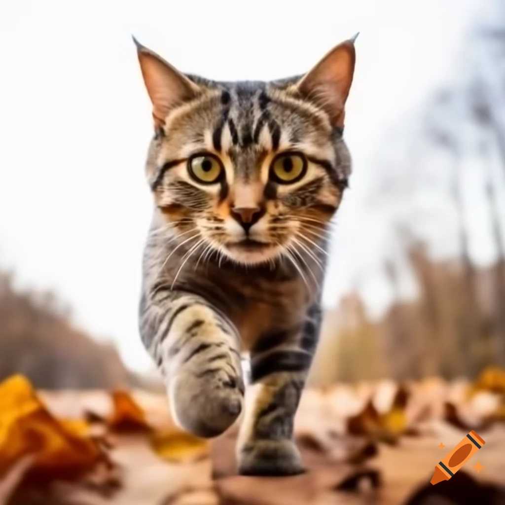 Realistic depiction of a cat walking in autumn setting