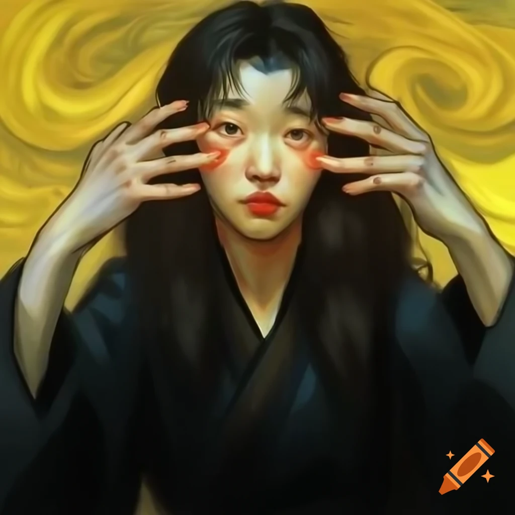Portrait of Korean woman in black, animated style with watercolor and Rembrandt influence