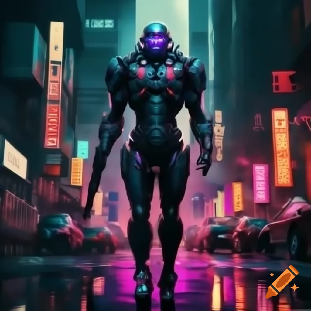 Cyborg warrior walking amid neon urban towers, glowing reflections