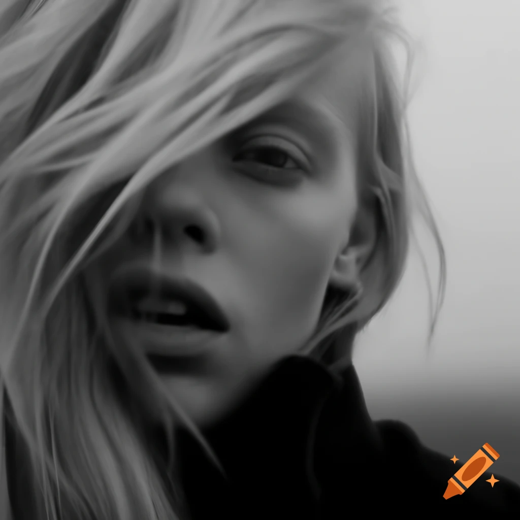 Close-up of a blonde woman with a soft expression in a foggy setting