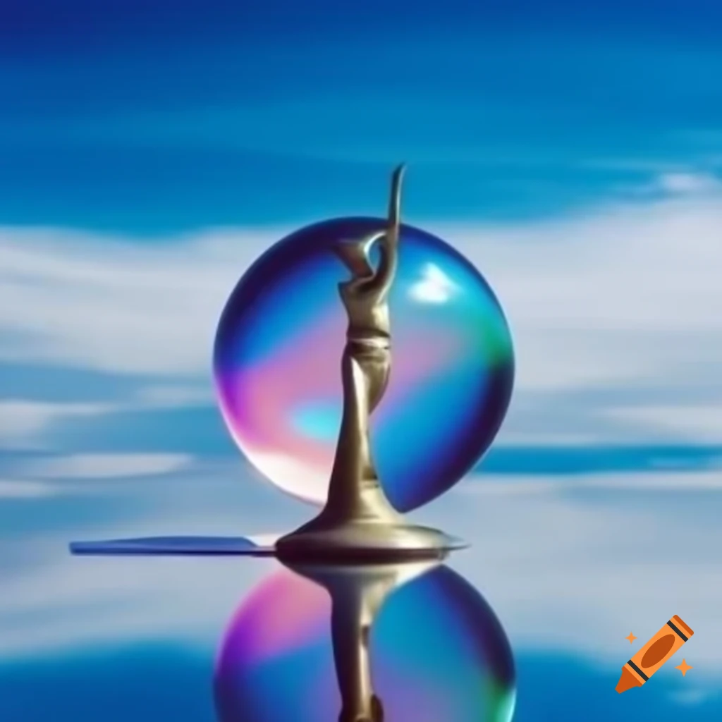 Iridescent glass statue against bright sky in pop surrealism style