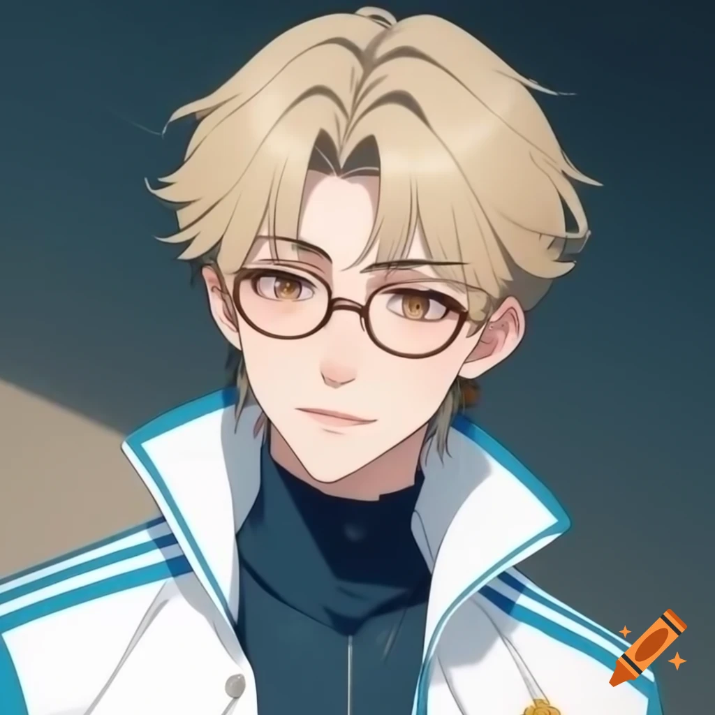 Young adult male anime character with dark blonde hair, brown eyes, and round glasses in stylish outfit
