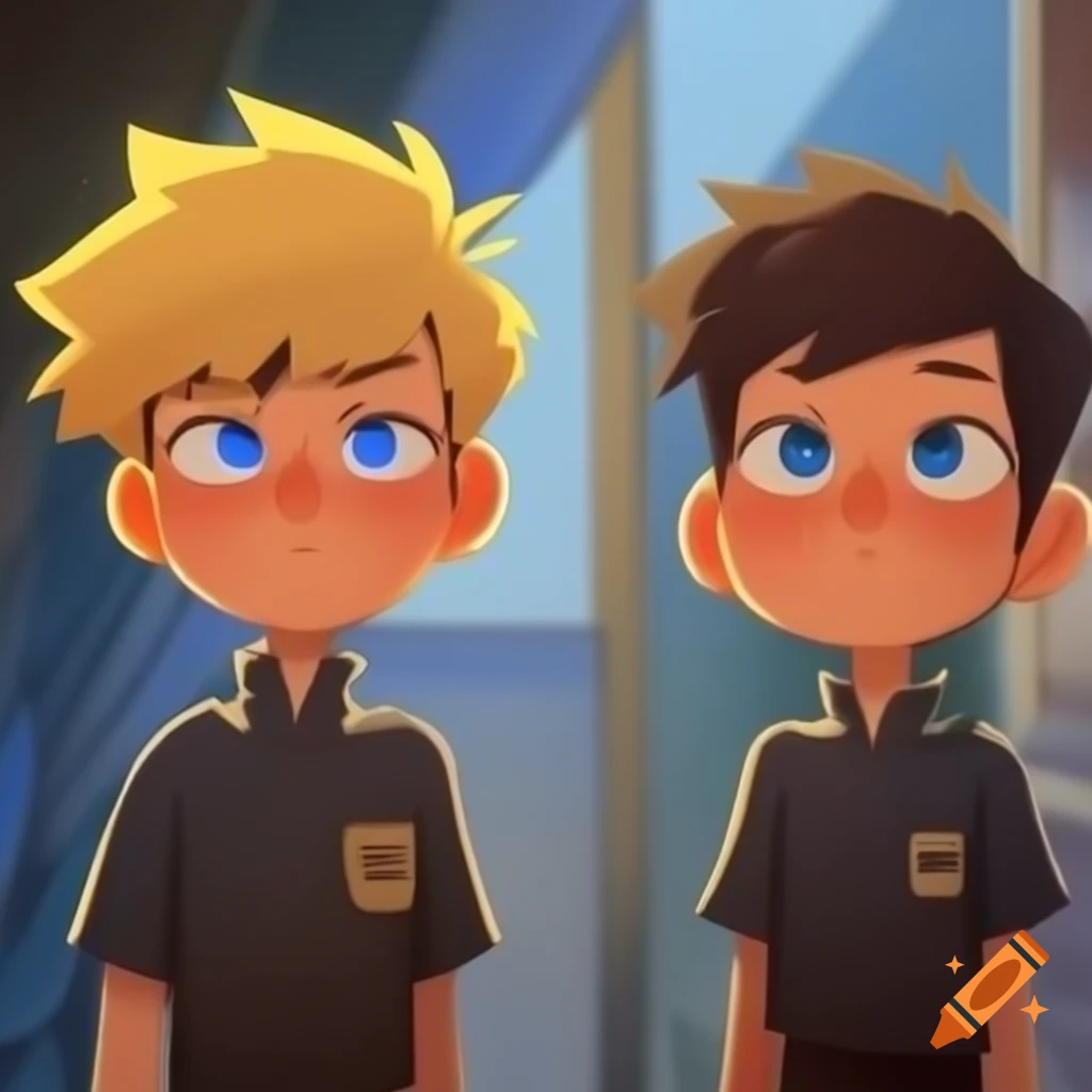 Two anime characters with contrasting features in a storytelling pose