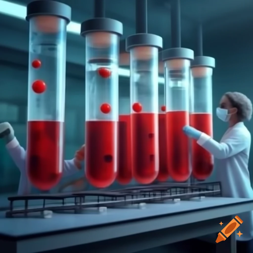 Researchers in laboratory surrounded by large test tubes with red blood cells and DNA helix