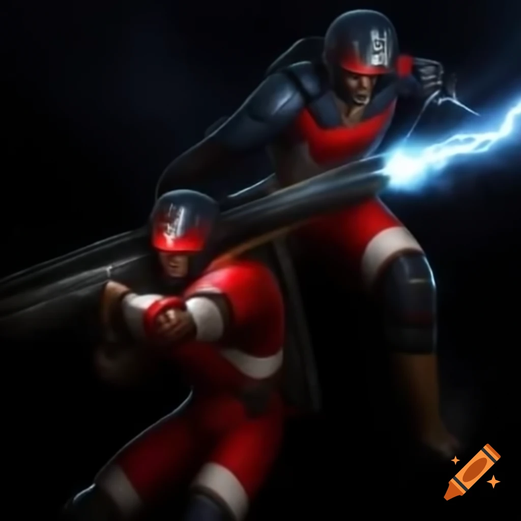 Two wizards in red and white battling with lightning weapons in a vivid landscape