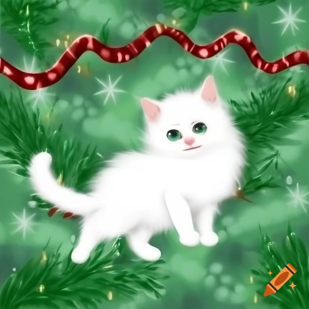 Fluffy white kitten climbing Christmas tree with red and gold tinsel, watercolor storybook style