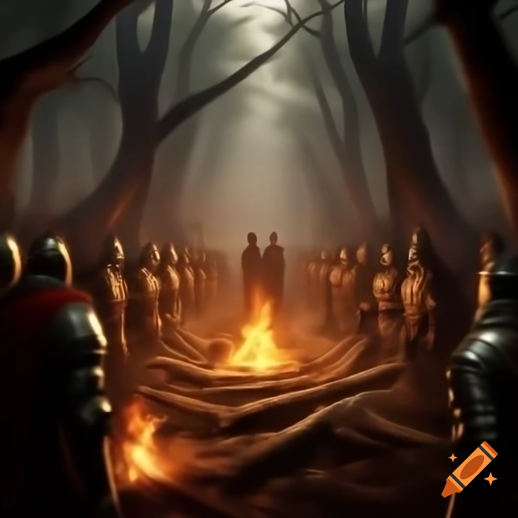 Iron knights gathered around burning pyres in ancient woodland with flickering flame