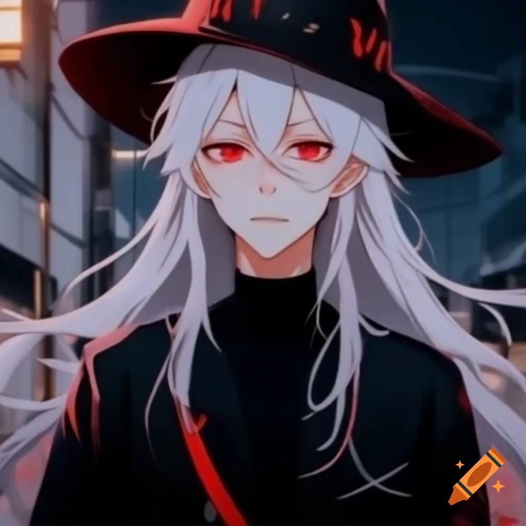 Anime character with long white hair, red eyes, small hat, and black jacket