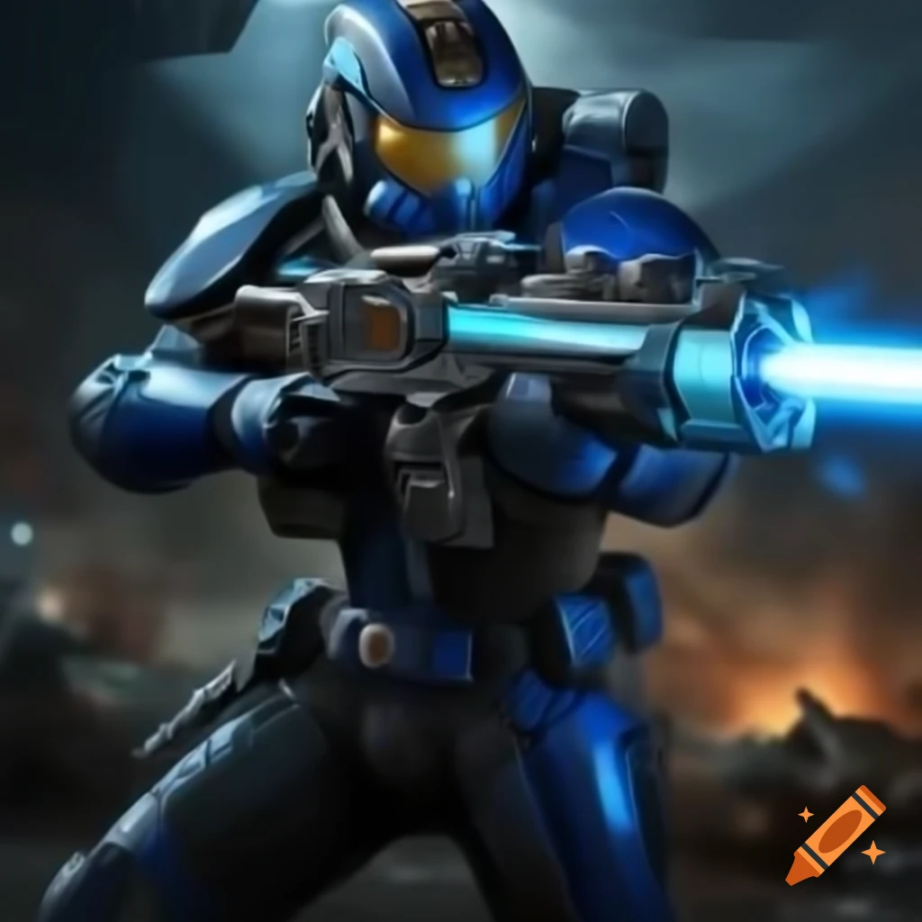 Futuristic soldier in blue and black armor firing laser gun on battlefield