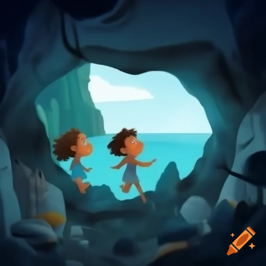 Two kids in cave as sea water rises on craiyon