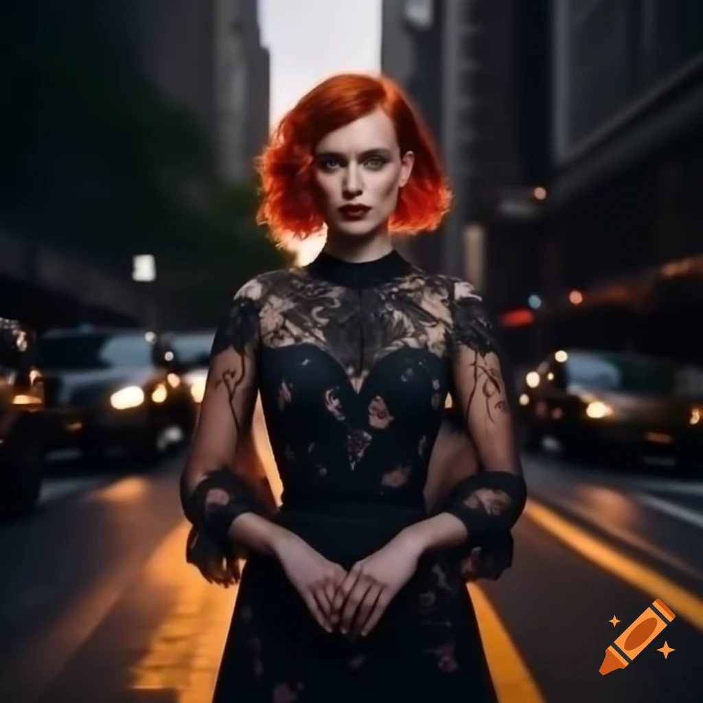 Woman with fiery red hair on New York City street at night, silhouetted against cityscape
