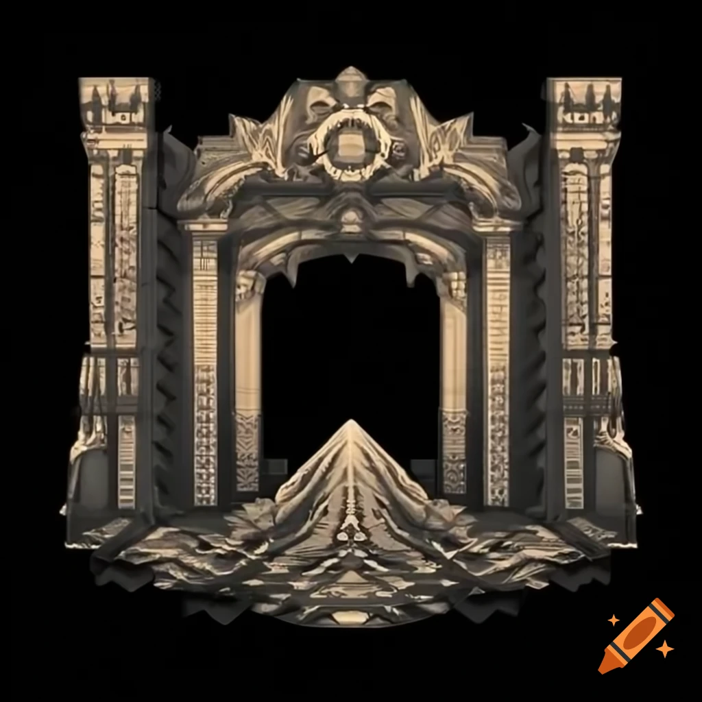 Dwarven stronghold behind colossal art deco gate carved from stone