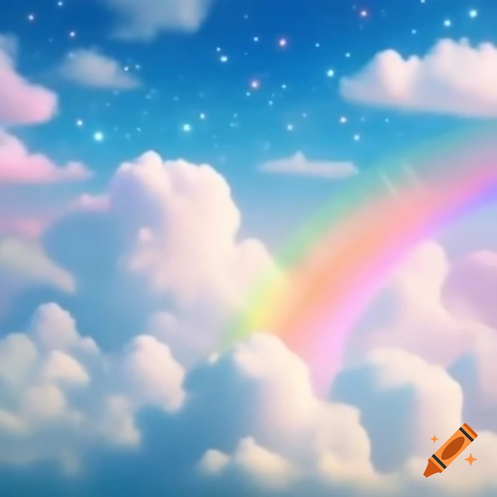 Sparkly daytime sky with rainbow colors and fluffy clouds