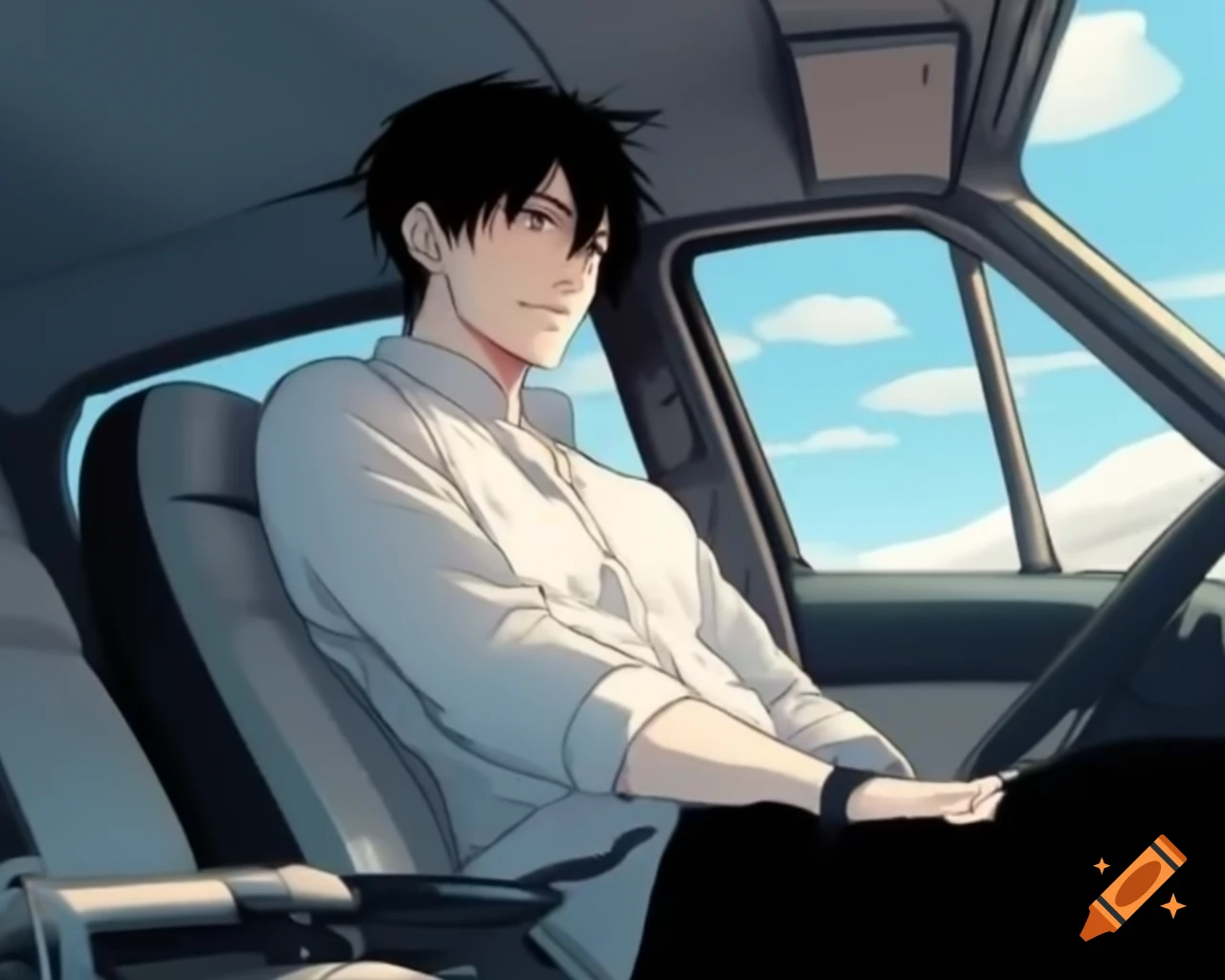 Handsome man with black hair in driver's seat of car, manga style